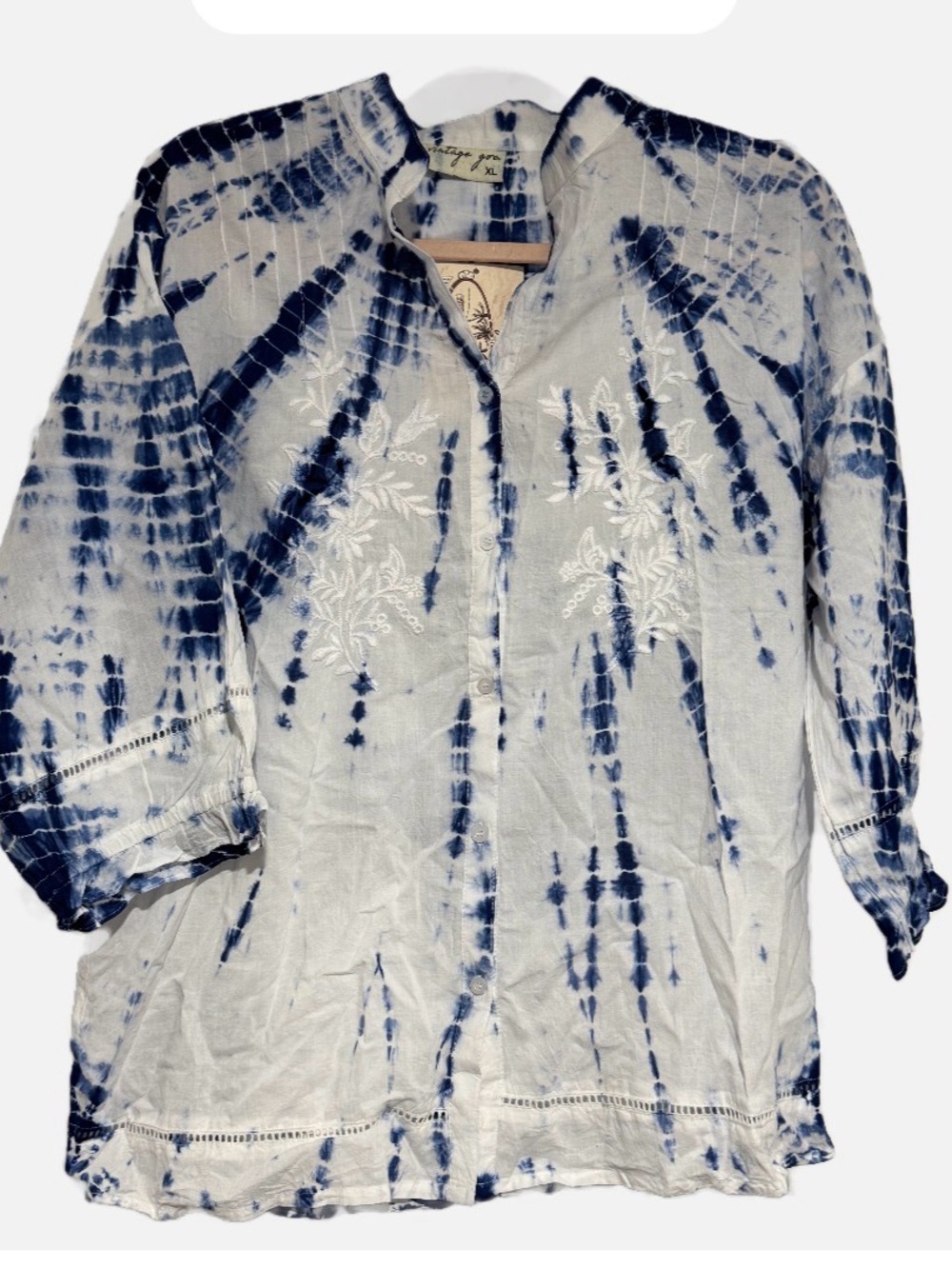 Vintage Goa Blue and White Cotton Tie-Dye Embroidered Button-Up Blouse